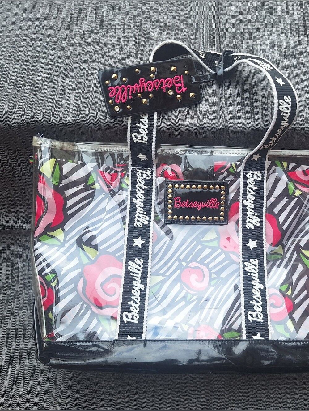 Vintage Betsey Johnson Clear Floral Tote with Black Trim and Pink Roses